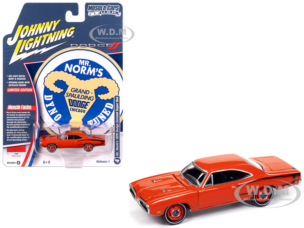 1970 Dodge Coronet Super Bee "Mr. Norm's" Hemi Orange with Black Stripes "Muscle Cars USA" Series 1/64 Diecast Model Car by Johnny Lightning diecast model