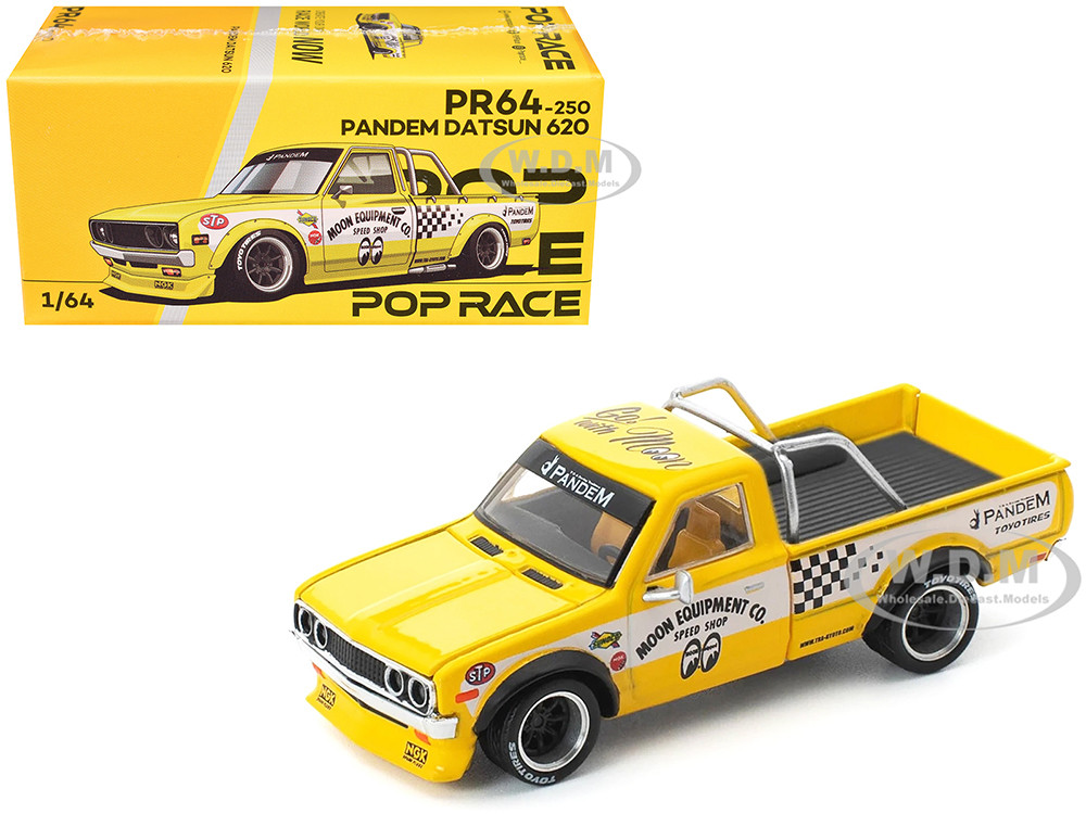 Datsun Pandem 620 Pickup Truck "MoonEyes" Yellow with White Sides and Graphics 1/64 Diecast Model Car by Pop Race diecast model