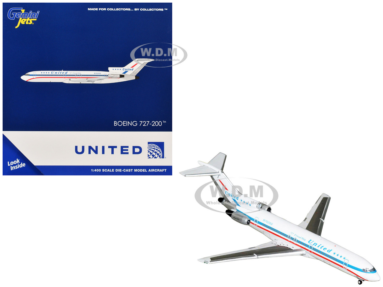 Boeing 727-200 Commercial Aircraft "United Airlines - Stars & Bars/Friend Ship" (N7620U) White with Red and Blue Stripes 1/400 Diecast Model Airplane by GeminiJets diecast model