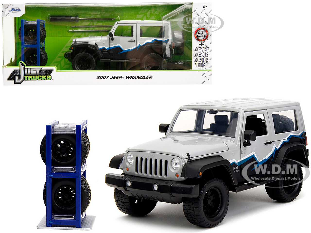 2007 Jeep Wrangler Gray and Black with Blue and White Stripes with Extra Wheels "Just Trucks" Series 1/24 Diecast Model Car by Jada diecast model