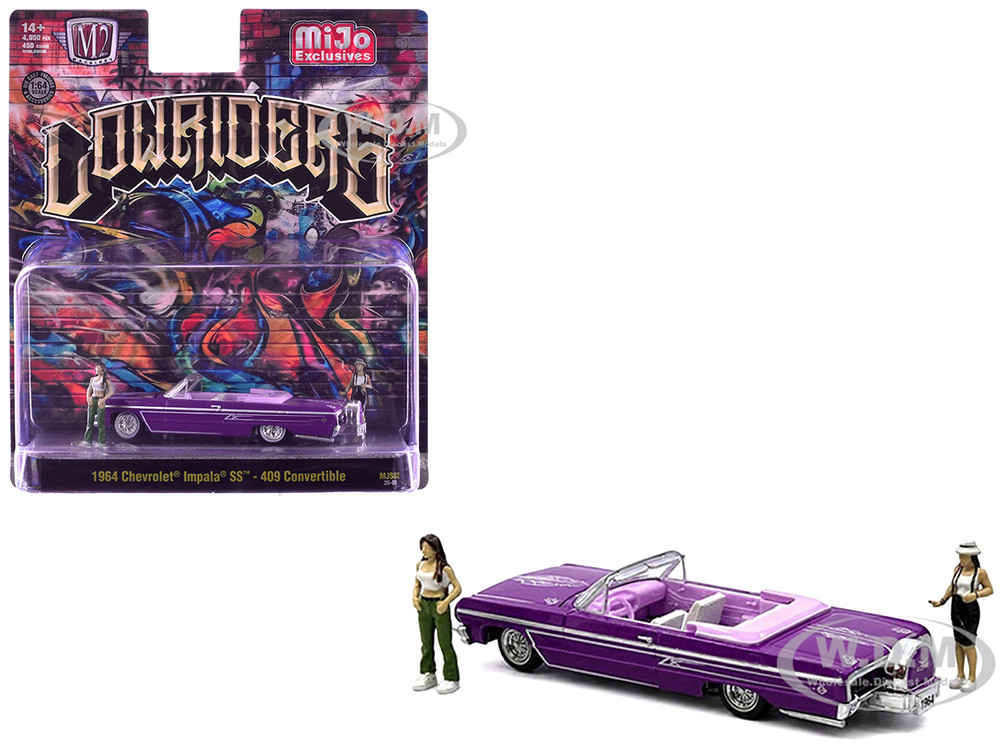 1964 Chevrolet Impala SS 409 Convertible Purple Metallic with Purple and White Interior with 2 Figures Limited Edition to 4950 pieces Worldwide 1/64 Diecast Model Car by M2 Machines diecast model