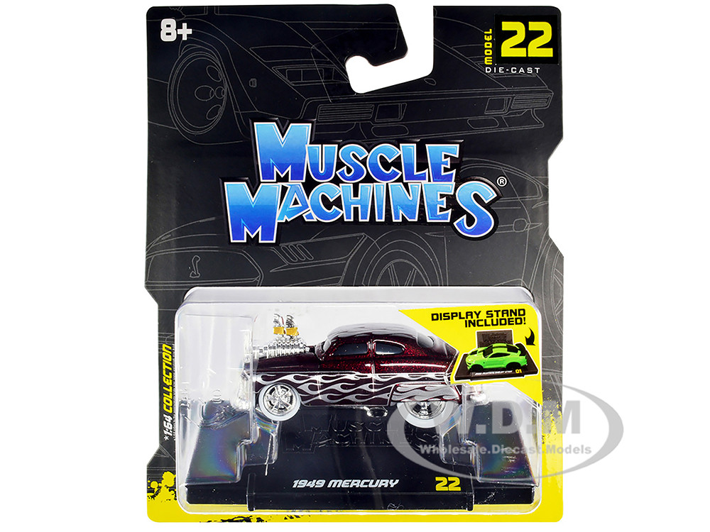 1949 Mercury Custom Coupe Dark Red Metallic with Flames 1/64 Diecast Model Car by Muscle Machines diecast model