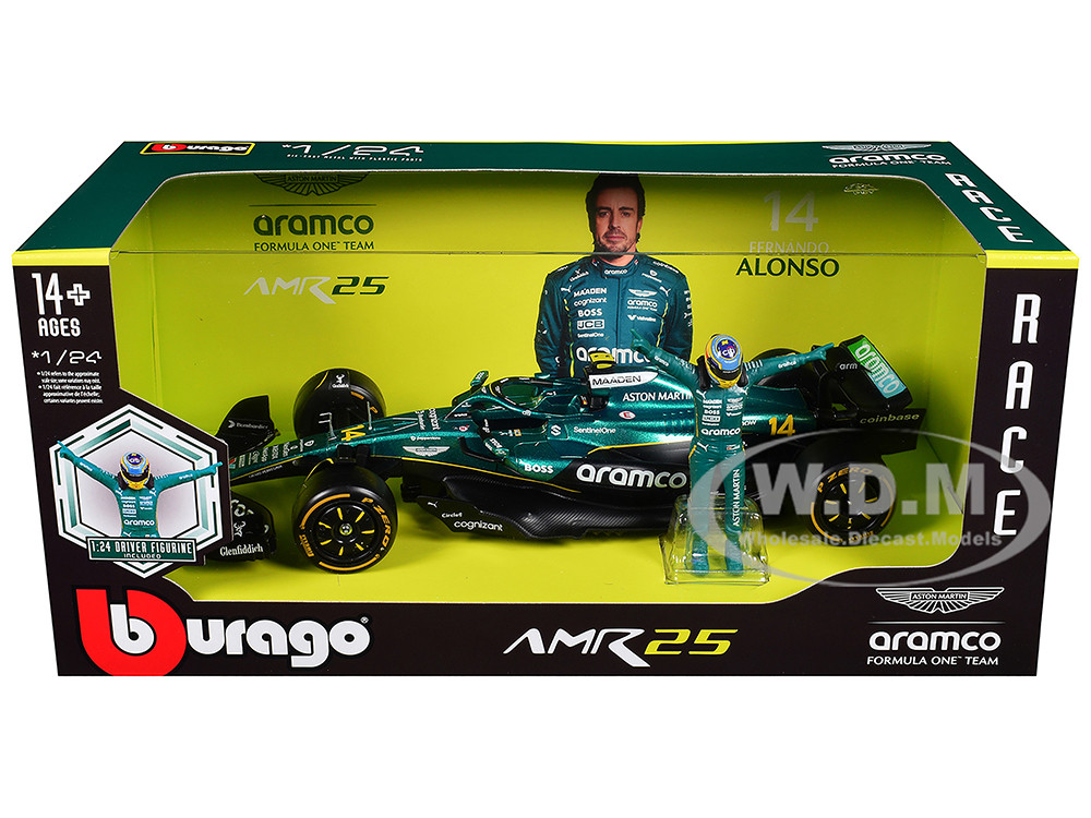 Aston Martin AMR25 #14 Fernando Alonso "Aramco" Formula One F1 "World Championship" (2025) with Driver Figure 1/24 Diecast Model Car by Bburago diecast model