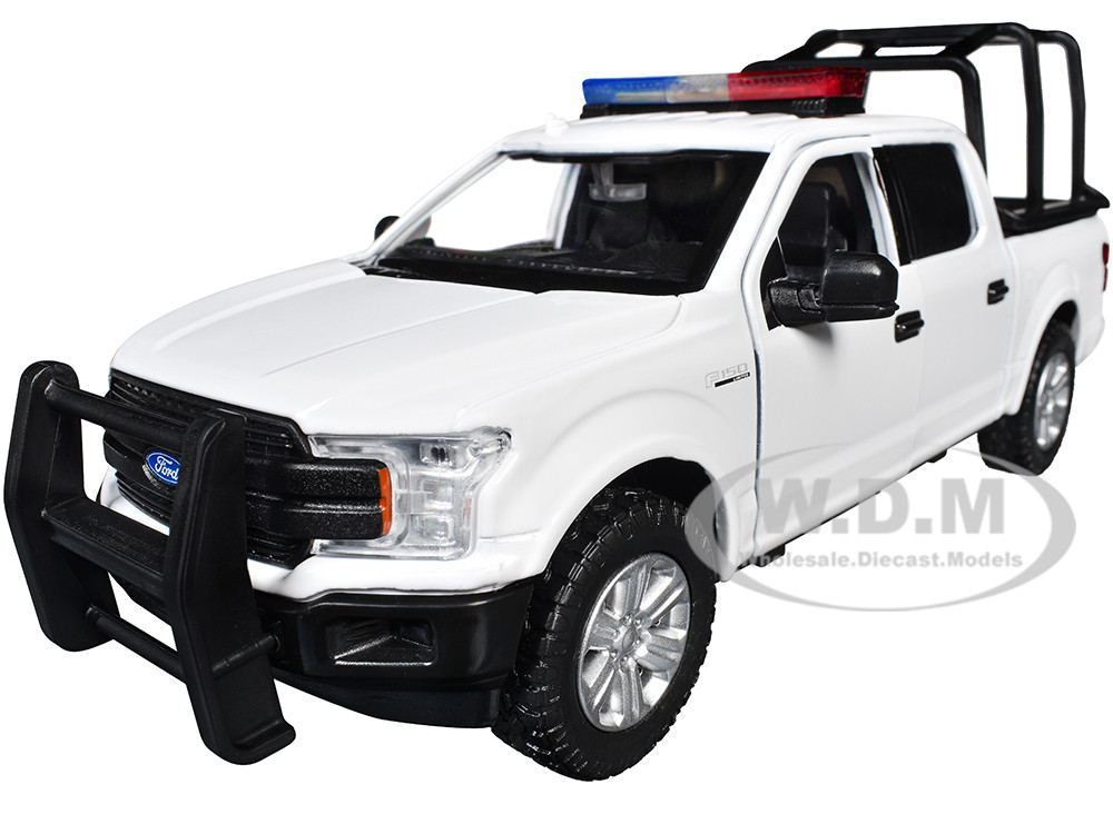 2019 Ford F-150 Lariat Crew Cab Pickup Truck with Bed Cage White with Flashing Light Bar and Front and Rear Lights and Sounds 1/27 Diecast Model Car by Motormax diecast model