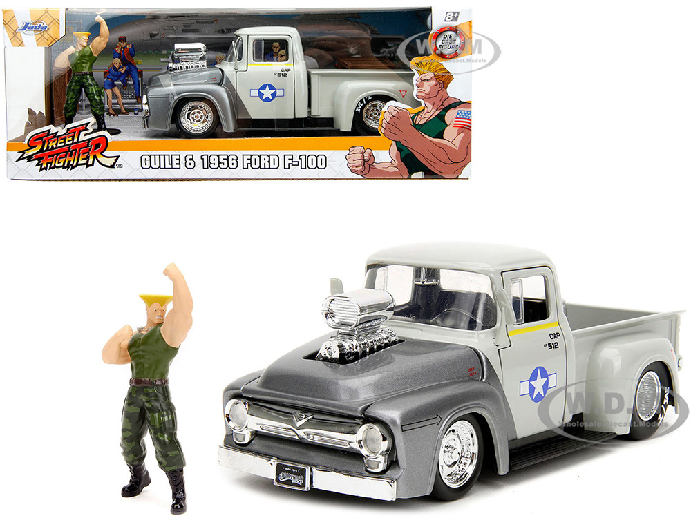 1956 Ford F-100 Pickup Truck Tan and Gray Metallic and Guile Diecast Figure "Street Fighter" Video Game "Anime Hollywood Rides" Series 1/24 Diecast Model Car by Jada diecast model