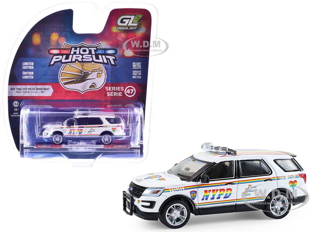 2016 Ford Police Interceptor Utility "New York Police Department (NYPD) Pride Livery" White with Rainbow Stripes "Hot Pursuit" Series 47 1/64 Diecast Model Car by Greenlight diecast model