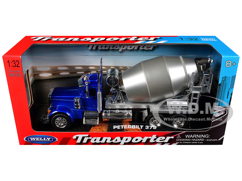 Peterbilt 379 Cement Mixer Blue Metallic with Chrome and Silver Mixer "Transporter" Series 1/32 Diecast Model by Welly diecast model
