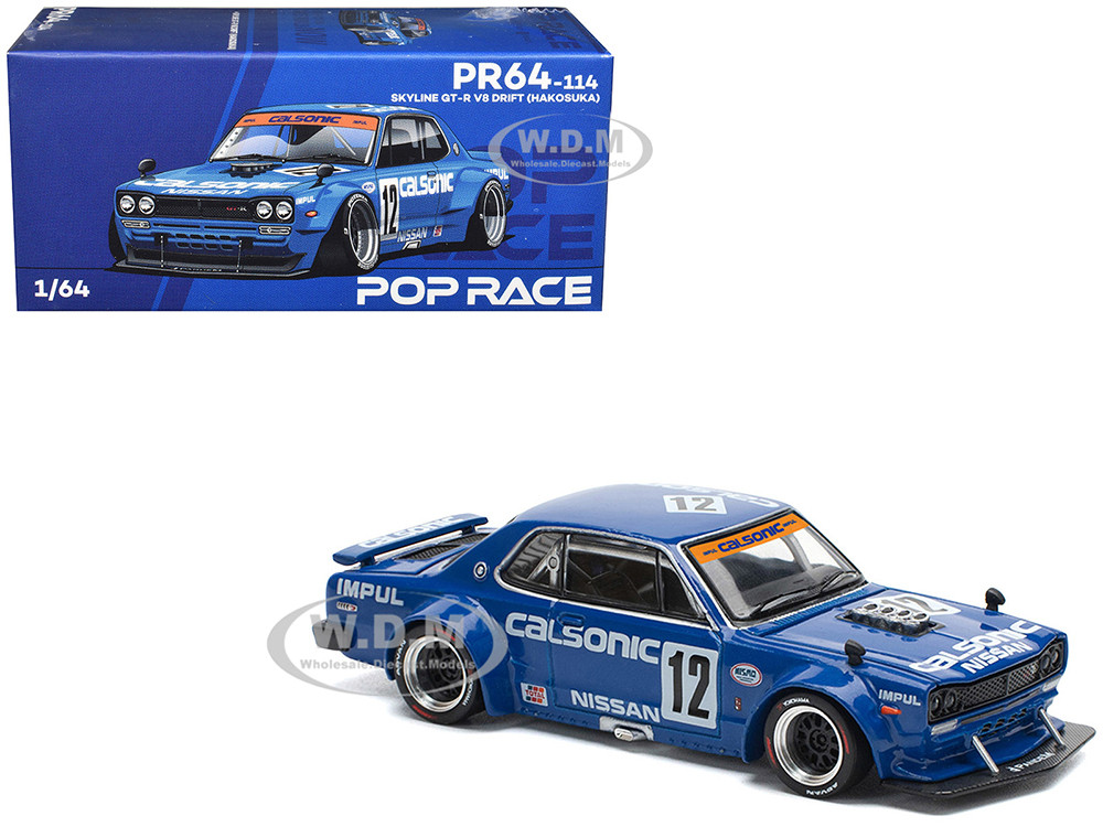 Skyline GT-R V8 Drift "Hakosuka" RHD (Right Hand Drive) #12 "Calsonic" Blue with Graphics 1/64 Diecast Model Car by Pop Race diecast model