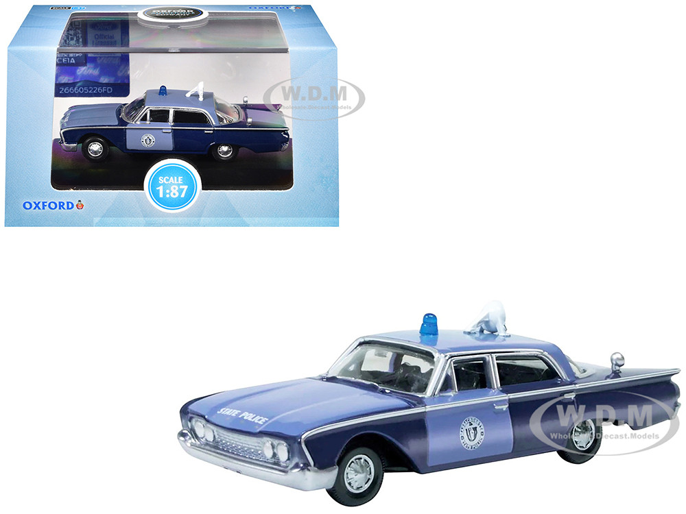 1960 Ford Fairlane Sedan "Massachusetts State Police Radar Car" Blue Two-Tone 1/87 (HO) Scale Diecast Model Car by Oxford Diecast diecast model