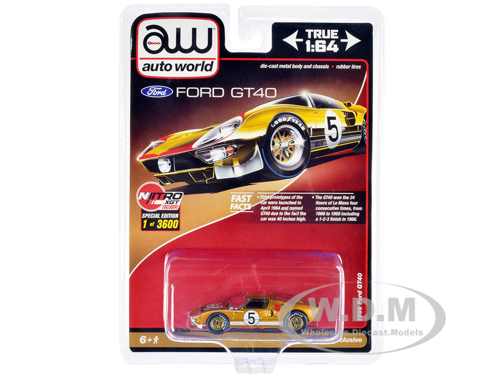1966 Ford GT40 RHD (Right Hand Drive) #5 Gold with Graphics Limited Edition to 3600 pieces Worldwide 1/64 Diecast Model Car by Auto World diecast model