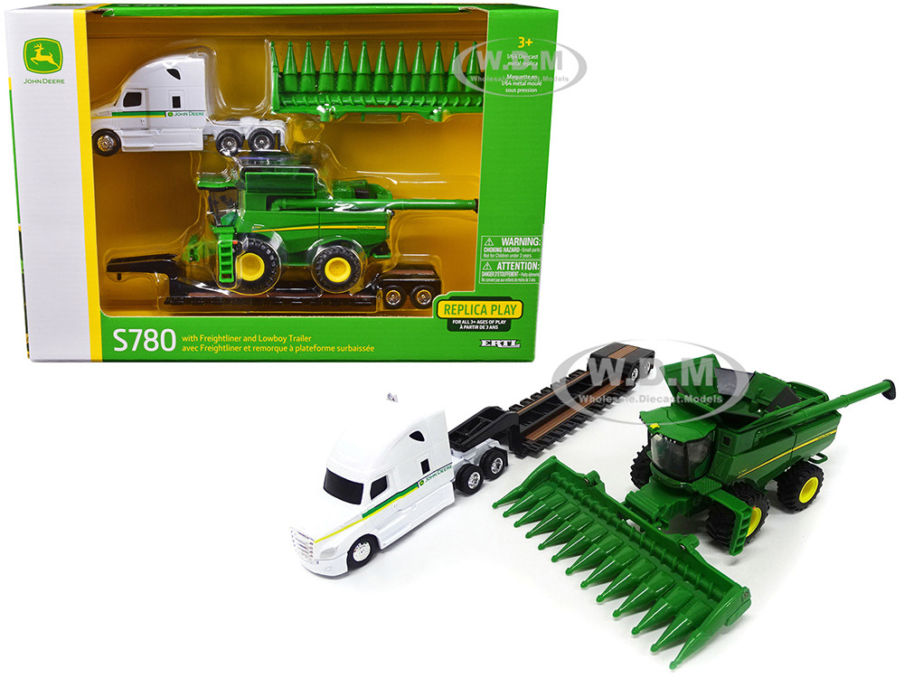 Freightliner Tractor White with Lowboy Trailer and John Deere S780 Wheeled Combine with Corn Head Set of 3 pieces 1/64 Diecast Models by ERTL TOMY diecast model
