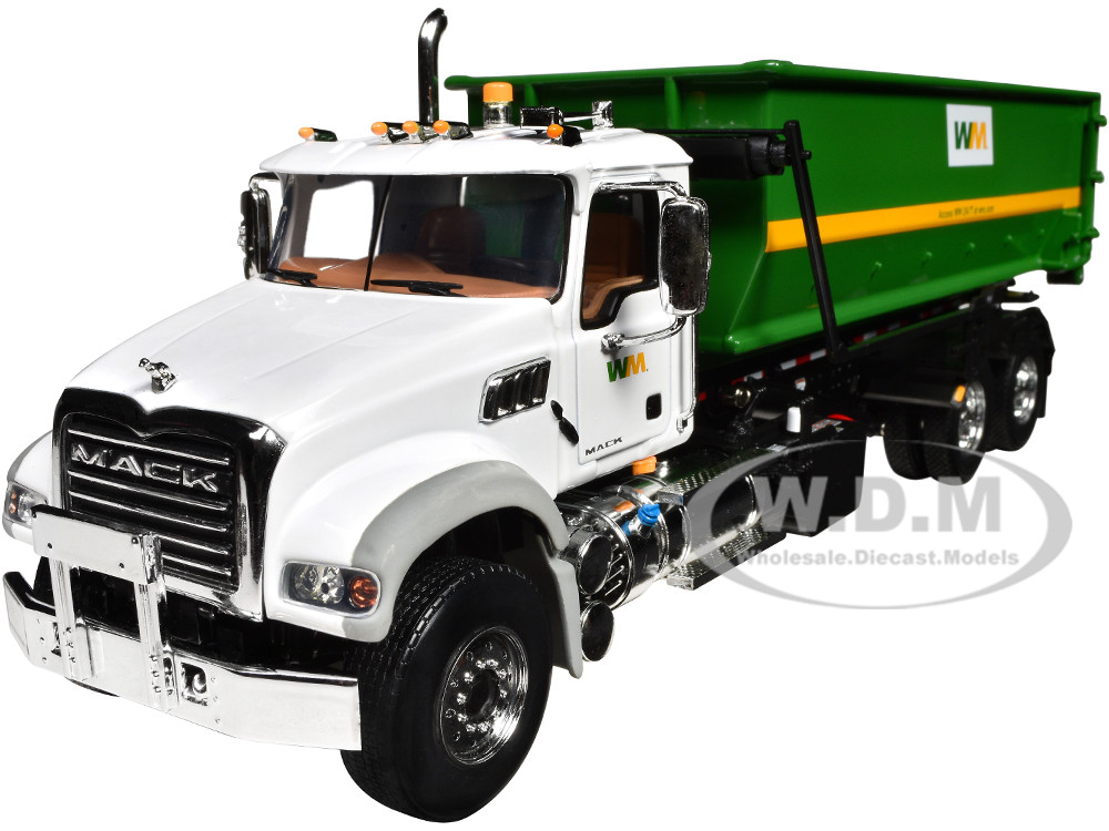 Mack Granite Garbage Truck "Waste Management" White and Green with Tub-Style Roll-Off Container 1/34 Diecast Model by First Gear diecast model
