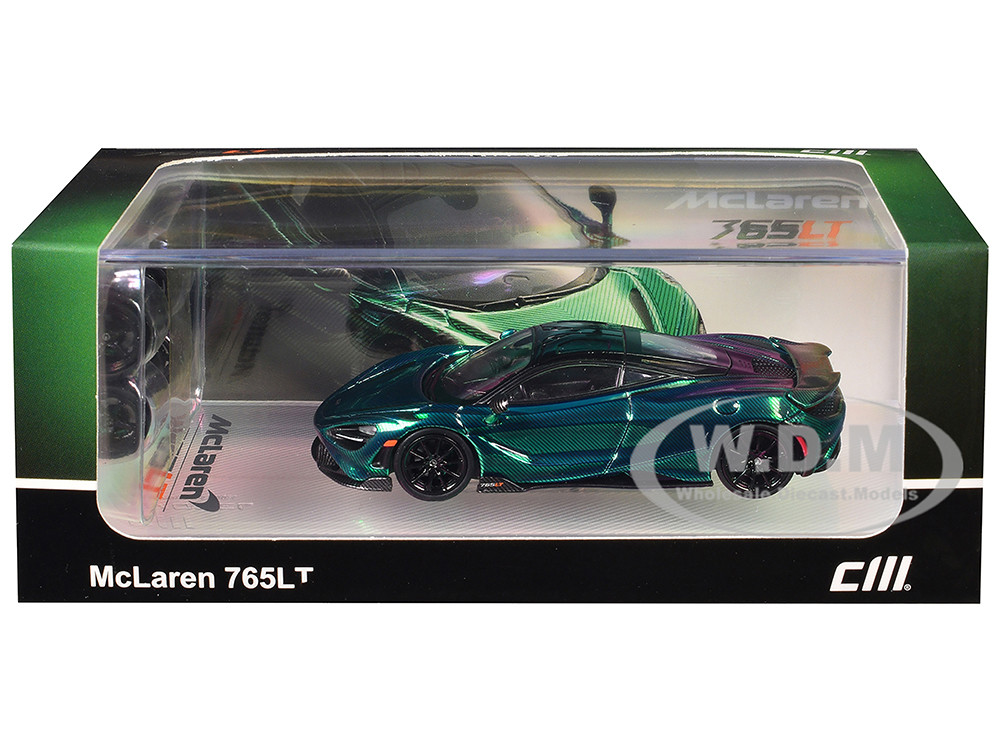 McLaren 765LT Green Carbon Metallic with Black Top and Extra Wheels 1/64 Diecast Model Car by CM Model diecast model