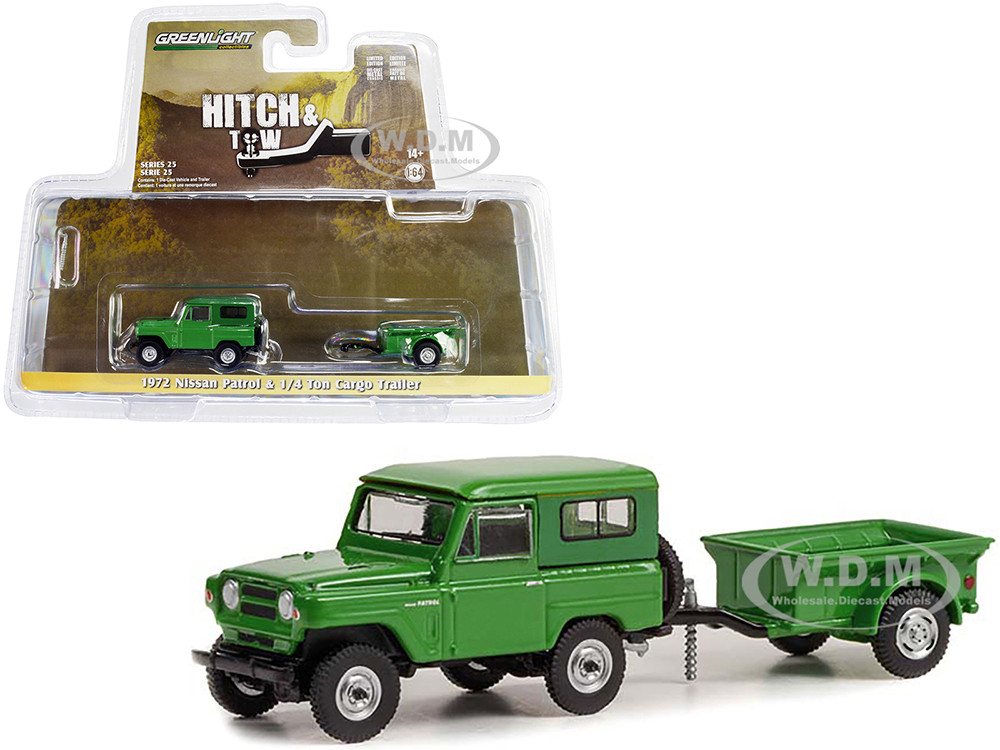 1972 Nissan Patrol Green with 1/4 Ton Cargo Trailer "Hitch & Tow" Series 25 1/64 Diecast Model Car by Greenlight diecast model