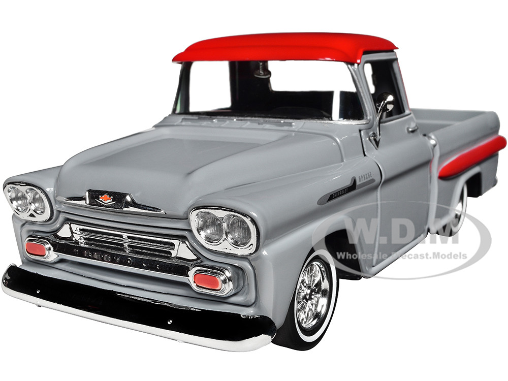 1958 Chevrolet Apache Fleetside Pickup Truck Lowrider Gray with Red Top "Get Low" Series 1/24 Diecast Model Car by Motormax diecast model