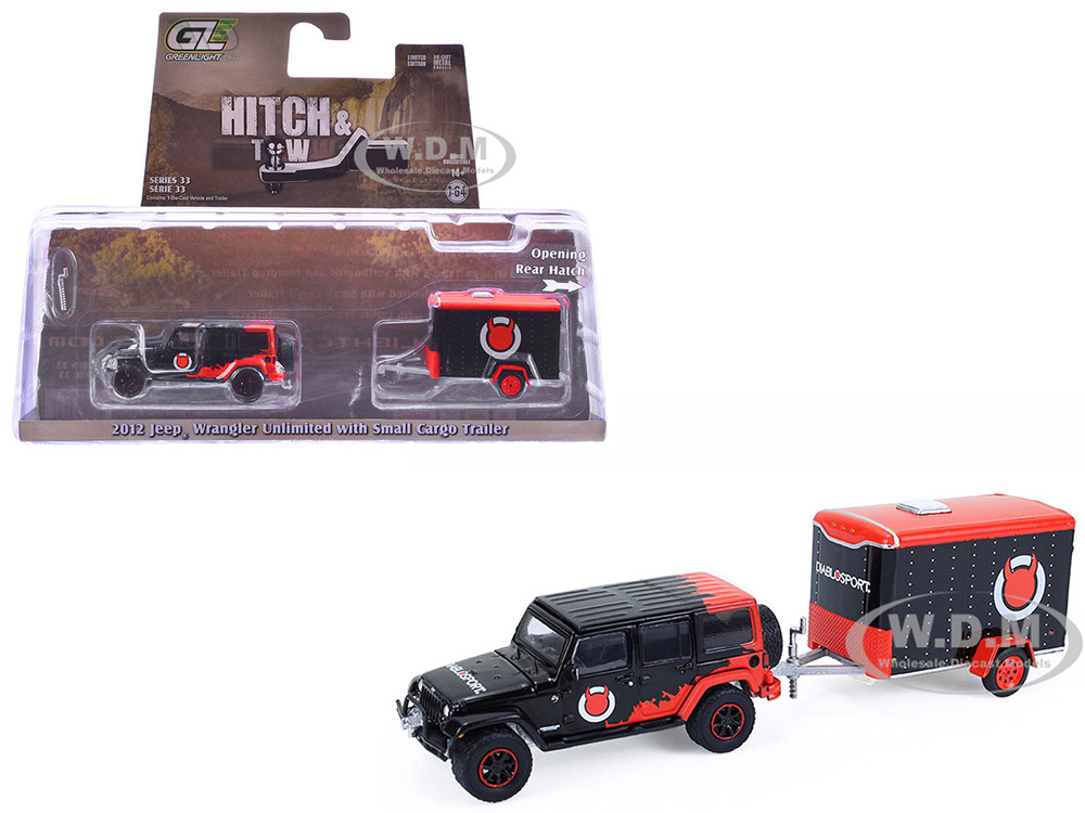 2012 Jeep Wrangler Unlimited "Diablo Sport" Black with Red Graphics and Small Cargo Trailer "Hitch & Tow" Series 33 1/64 Diecast Model Cars by Greenlight diecast model
