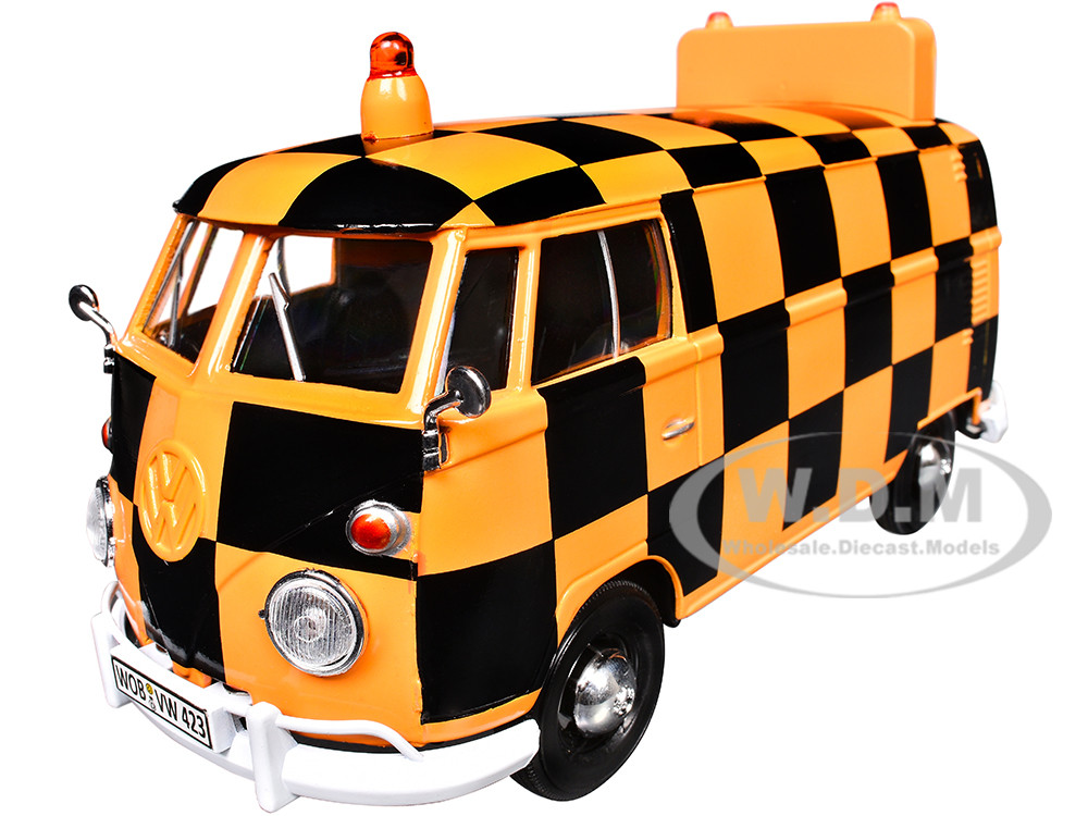 Volkswagen Type 2 (T1) Airport Runway Delivery Van Black and Orange Checkered 1/24 Diecast Model Car by Motormax diecast model