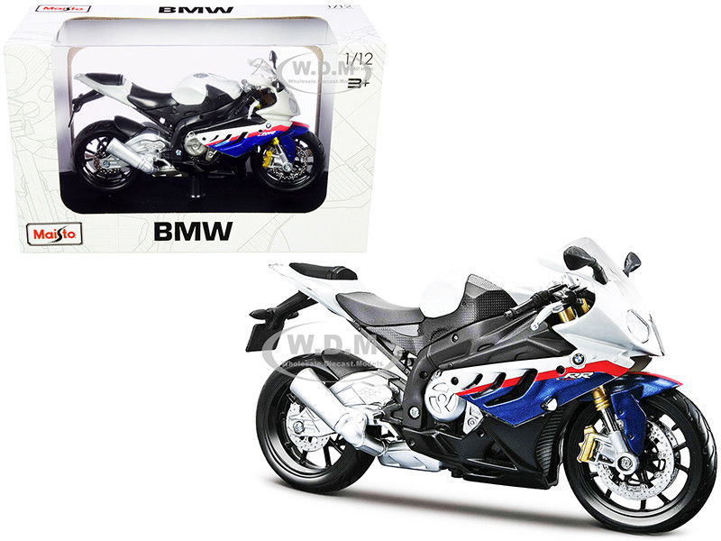 BMW S 1000 RR White with Blue and Red Stripes with Plastic Display Stand 1/12 Diecast Motorcycle Model by Maisto diecast model