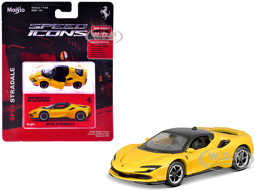 Ferrari SF90 Stradale Yellow with Black Top "Speed Icons" Series 1/64 Diecast Model Car by Maisto diecast model