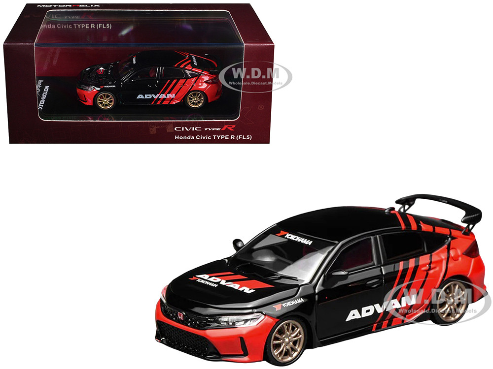 Honda Civic Type R (FL5) RHD (Right Hand Drive) "ADVAN" Black and Red 1/64 Diecast Model Car by MotorHelix diecast model