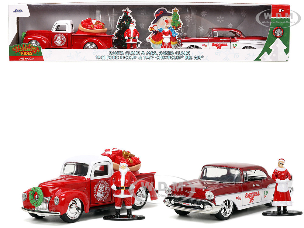 1941 Ford Pickup Truck Red and White "Santa's Workshop" and 1957 Chevrolet Bel Air Red Metallic and White "Express 25" with Mr. and Mrs. Santa Claus Diecast Figures "Holiday Rides" Series 1/32 Diecast Model Cars by Jada diecast model
