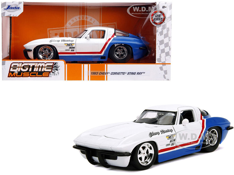 1963 Chevrolet Corvette Stingray White and Blue with Red Stripe "Chevy Racing" "Bigtime Muscle" 1/24 Diecast Model Car by Jada diecast model