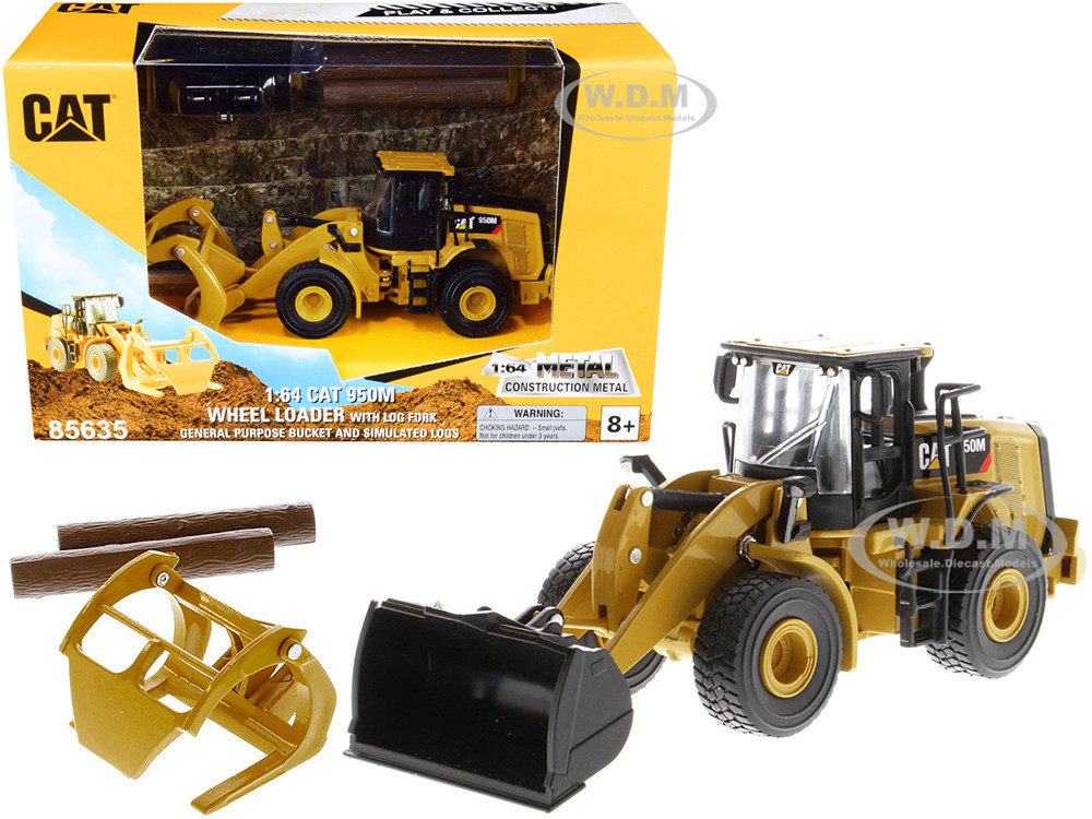 CAT Caterpillar 950M Wheel Loader with Bucket and Log Fork with Two Log Poles "Play & Collect!" 1/64 Diecast Model by Diecast Masters diecast model