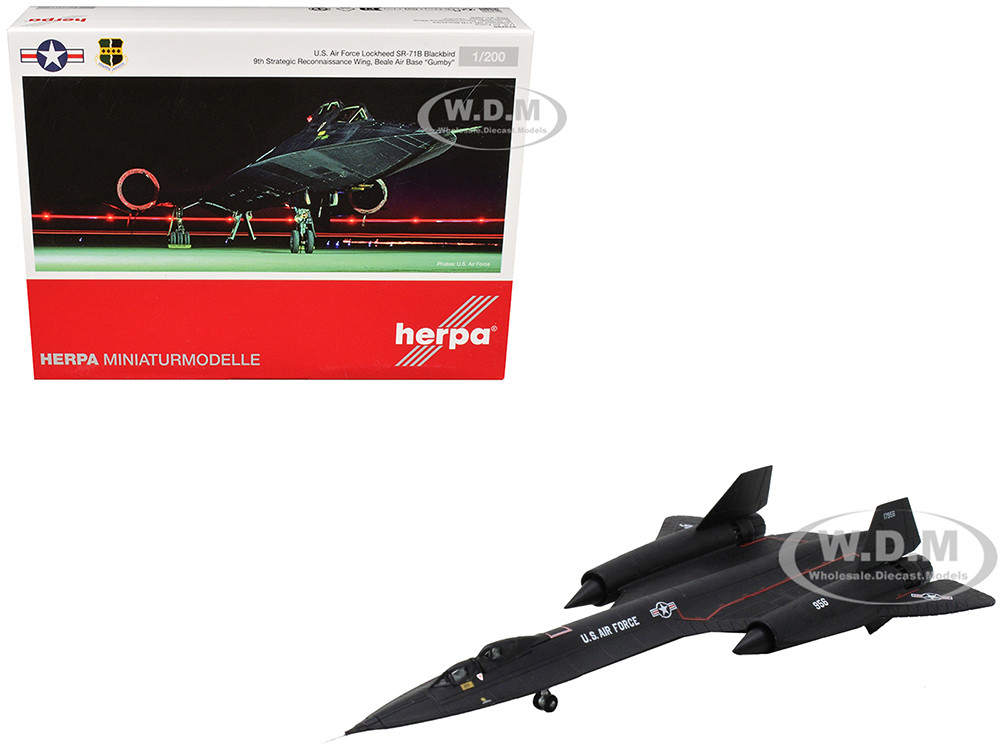 Lockheed SR-71B Blackbird Stealth Aircraft "9th Strategic Reconnaissance Wing, Beale Air Base, Gumby" United States Air Force 1/200 Diecast Model Airplane by Herpa diecast model