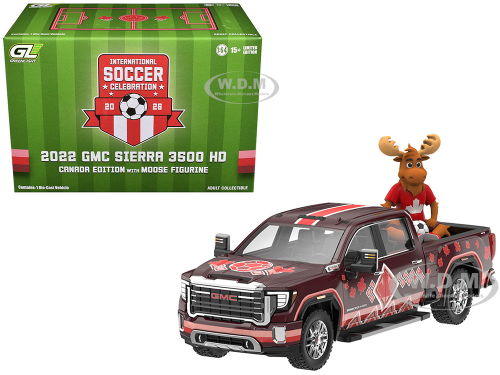 2022 GMC Sierra 3500 HD Pickup Truck Dark Red with Canadian Soccer Graphics with Moose Figure "International Soccer Celebration '26" Series 1/64 Diecast Model Car by Greenlight diecast model