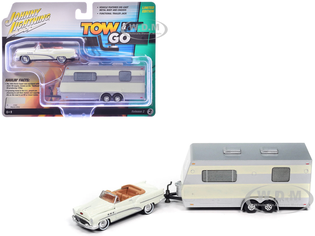 1953 Buick Super Cream with Travel Trailer Limited Edition "Tow & Go" Series 1/64 Diecast Model Car by Johnny Lightning diecast model