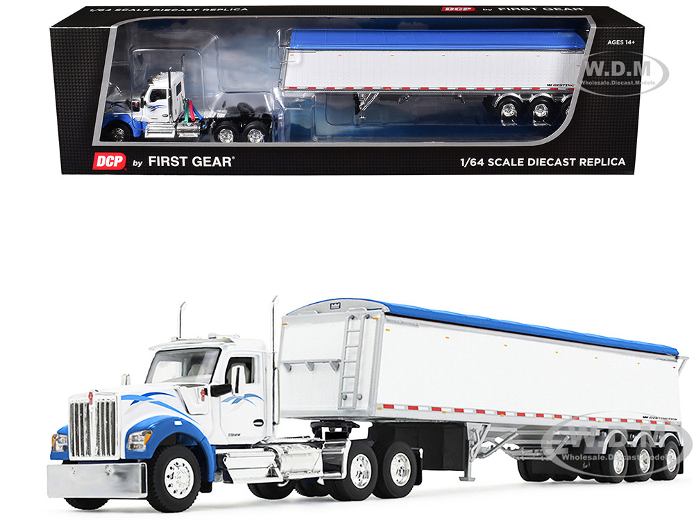Kenworth W990 Day Cab and Lode King Distinction Hopper Trailer White and Blue 1/64 Diecast Model by DCP/First Gear diecast model