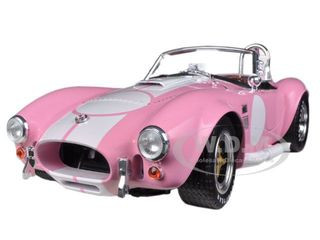 1965 Shelby Cobra 427 S/C Pink with White Stripes with Printed Carroll Shelby Signature's on the Trunk 1/18 Diecast Model Car by Shelby Collectibles diecast model