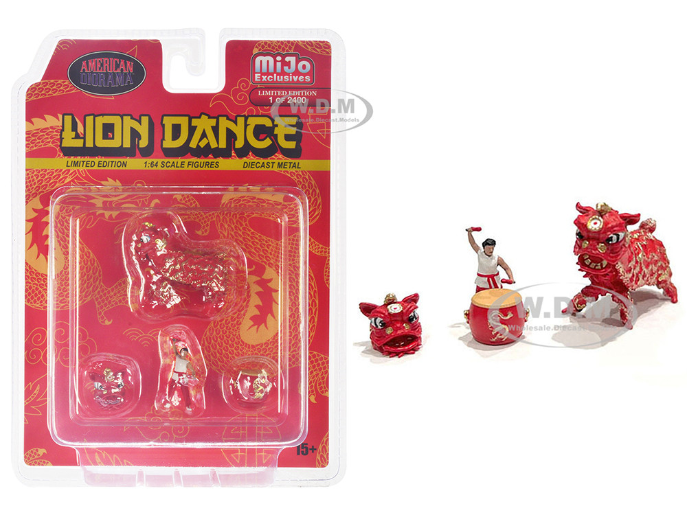 "Lion Dance" 4 piece Diecast Figure Set (1 Figures, 1 Lion, 2 Accessories) Limited Edition to 2400 pieces Worldwide for 1/64 Scale Models by American Diorama diecast model