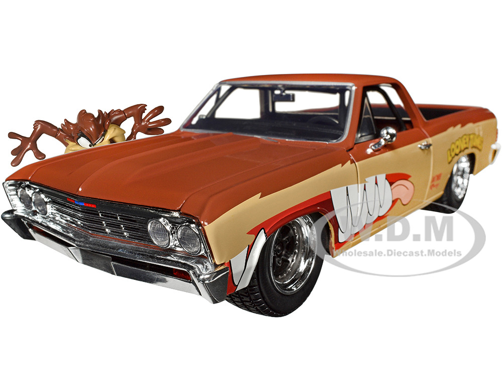 1967 Chevrolet El Camino Brown and Beige with Graphics and Tasmanian Devil (Taz) Diecast Figure "Looney Tunes" "Hollywood Rides" Series 1/24 Diecast Model Car by Jada diecast model
