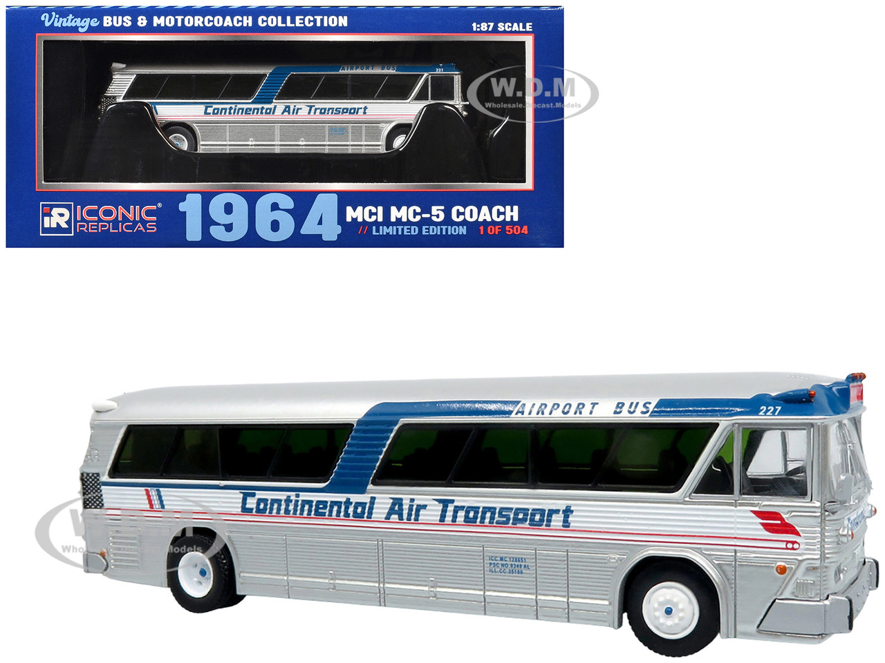 1964 MCI MC-5A Coach Bus "Continental Air Transport" Silver with Blue Stripes "Vintage Bus & Motorcoach Collection" Limited Edition to 504 pieces Worldwide 1/87 (HO) Diecast Model by Iconic Replicas diecast model