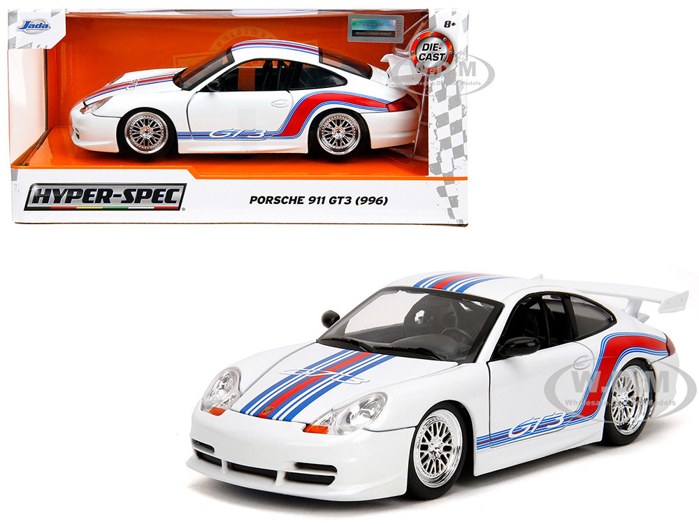 Porsche 911 GT3 (996) White with Red and Blue Stripes "Hyper-Spec" Series 1/24 Diecast Model Car by Jada diecast model