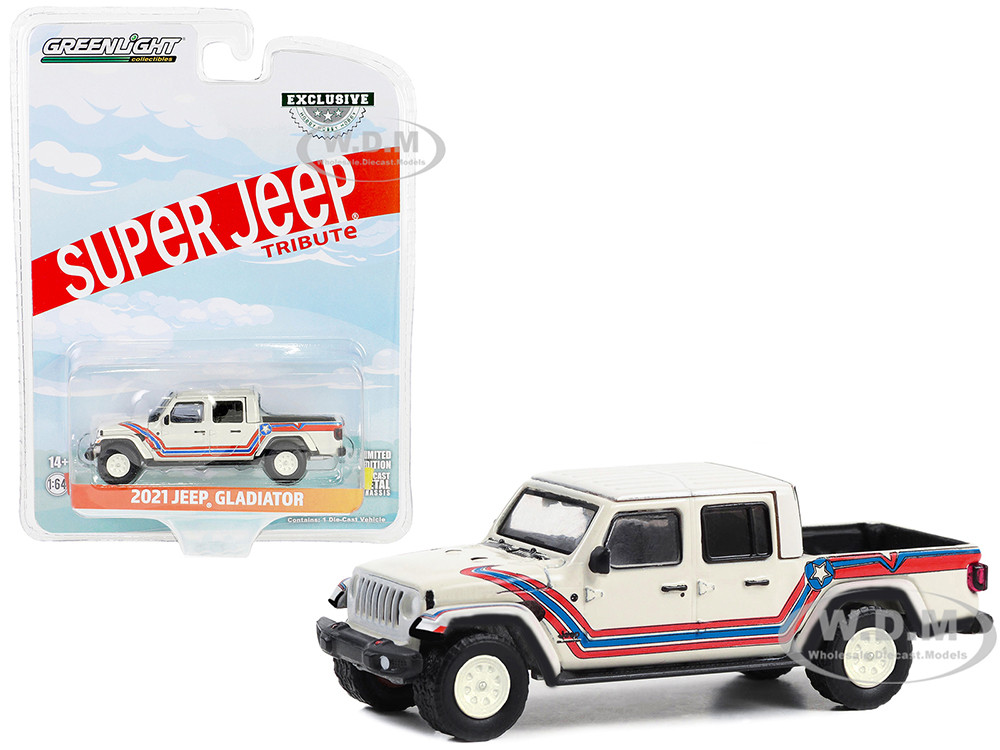 2021 Jeep Gladiator Pickup Truck "Super Jeep Tribute" White with Red and Blue Stripes "Hobby Exclusive" Series 1/64 Diecast Model Car by Greenlight diecast model