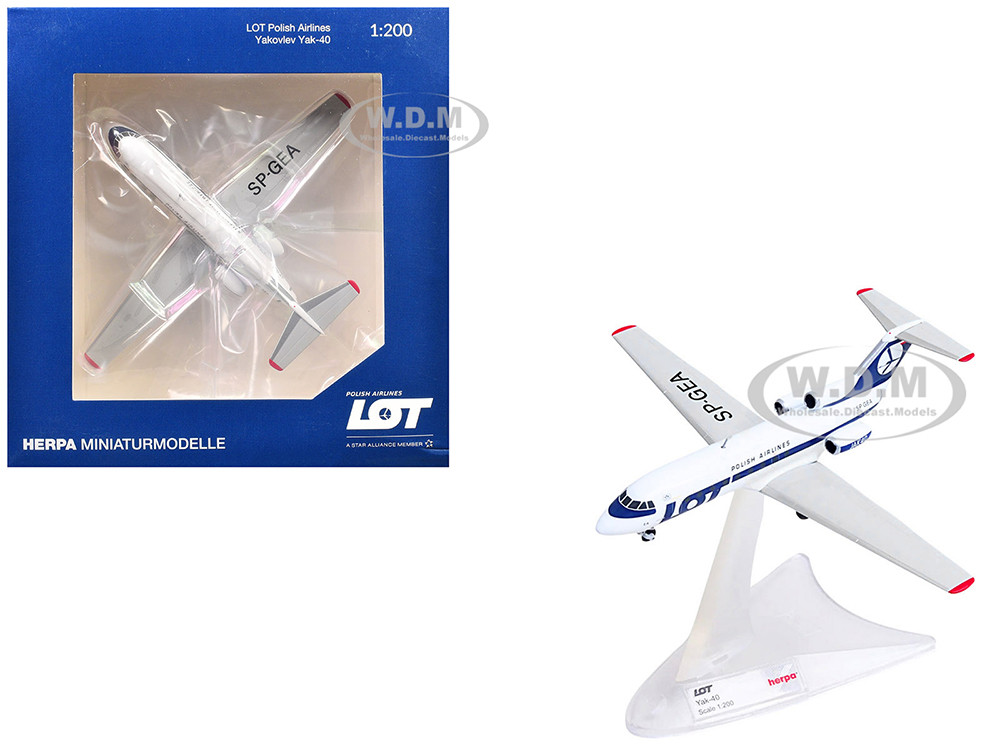 Yakovlev Yak-40 Commercial Aircraft "LOT Polish Airlines" (SP-GEA) White with Blue Stripes and Tail 1/200 Diecast Model Airplane by Herpa diecast model
