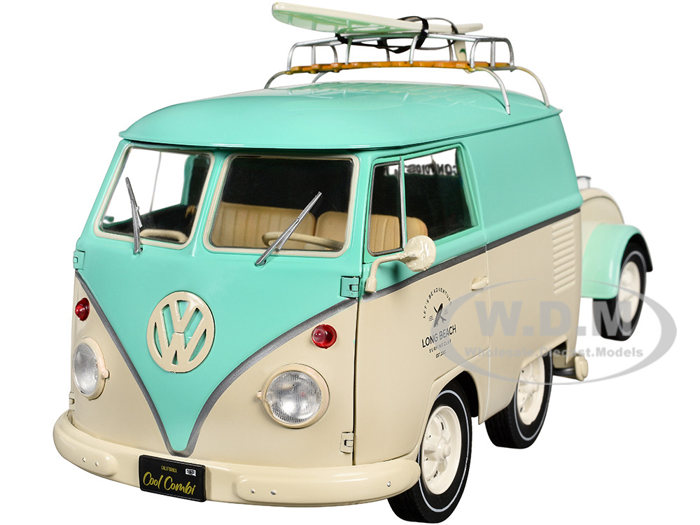 2024 Volkswagen Cool Combi Van with Trailer "Long Beach Surfing Club" Mint Green and Cream with Roof Rack and Surfboard 1/18 Diecast Model Car by Solido diecast model