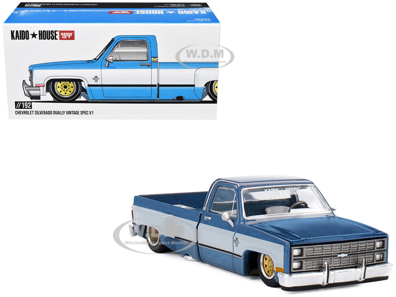 Chevrolet Silverado Dually Pickup Truck "Vintage Spec V1" Light Blue Metallic with White Sides and Interior (Designed by Jun Imai) "Kaido House" Special 1/64 Diecast Model Car by Mini GT diecast model