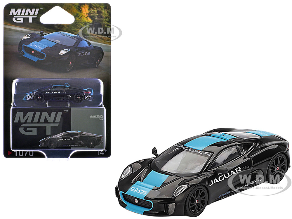 Jaguar C-X75 Black with Light Blue Stripe Limited Edition 1/64 Diecast Model Car by Mini GT diecast model