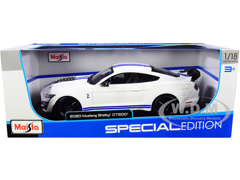 2020 Ford Mustang Shelby GT500 White with Blue Stripes "Special Edition" 1/18 Diecast Model Car by Maisto diecast model