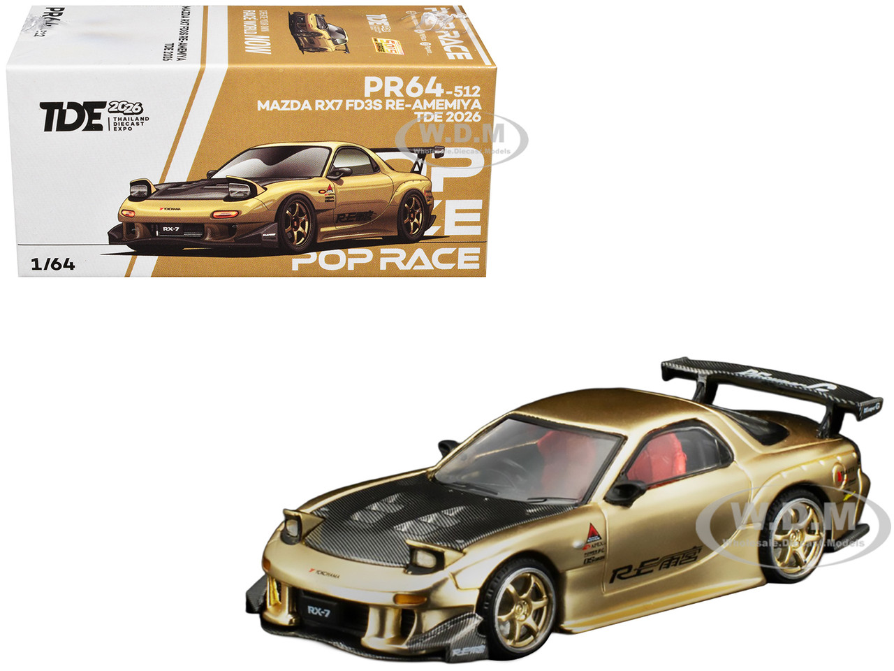 Mazda RX7 (FD3S) RE Amemiya RHD (Right Hand Drive) Gold Metallic with Carbon Hood "Thailand Diecast Expo 2026" 1/64 Diecast Model Car by Pop Race diecast model