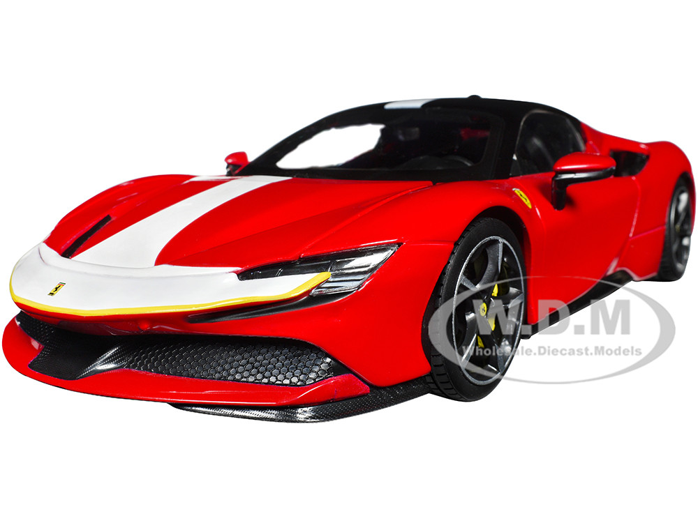 Ferrari SF90 Stradale Assetto Fiorano Red with White Stripes "Signature Series" 1/18 Diecast Model Car by Bburago diecast model