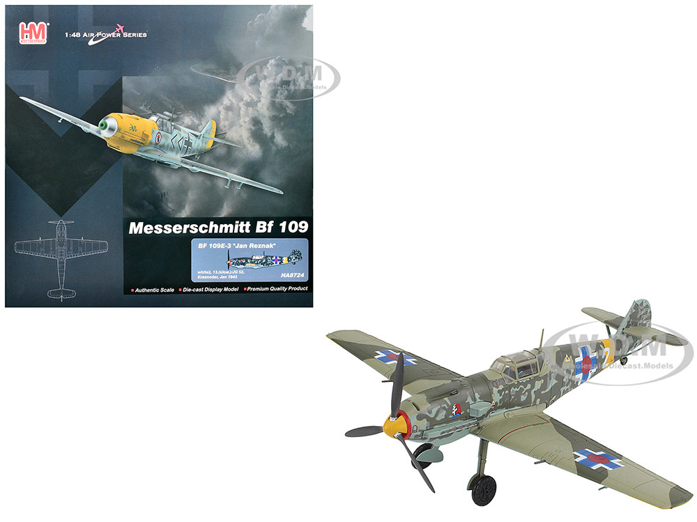 Messerschmitt Bf 109E-3 Fighter Aircraft "White 2, Jan Reznak, 13.(slow)/JG 52, Kraznodar, USSR" (1943) German Luftwaffe "Air Power Series" 1/48 Diecast Model by Hobby Master diecast model