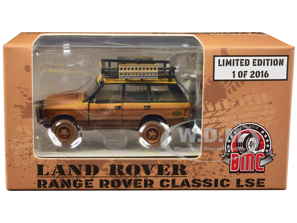 Land Rover Range Rover Classic LSE RHD (Right Hand Drive) "Camel Trophy" Yellow (Dirty Mud Version) with Roof Rack, Extra Wheels and Accessories Limited Edition to 2016 pieces Worldwide 1/64 Diecast Model Car by BM Creations diecast model
