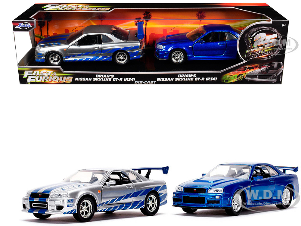 Brian's Nissan Skyline GT-R (BNR34) Silver with Blue Stripes and Nissan GT-R (BNR34) Blue Metallic Set of 2 pieces "25 Years of Fast & Furious" Series 1/32 Diecast Model Cars by Jada diecast model
