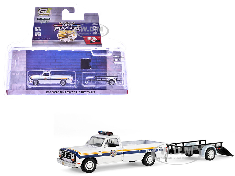 1990 Dodge Ram D250 Pickup Truck "Philadelphia, PA Police Department" White with Stripes and Utility Trailer "Hot Pursuit Hitch & Tow" Series 1 1/64 Diecast Model Cars by Greenlight diecast model
