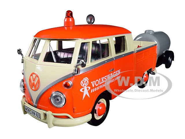Volkswagen Type 2 (T1) Pickup Truck Orange and Cream with Oil Trailer "Road Service" 1/24 Diecast Model Car by Motormax diecast model
