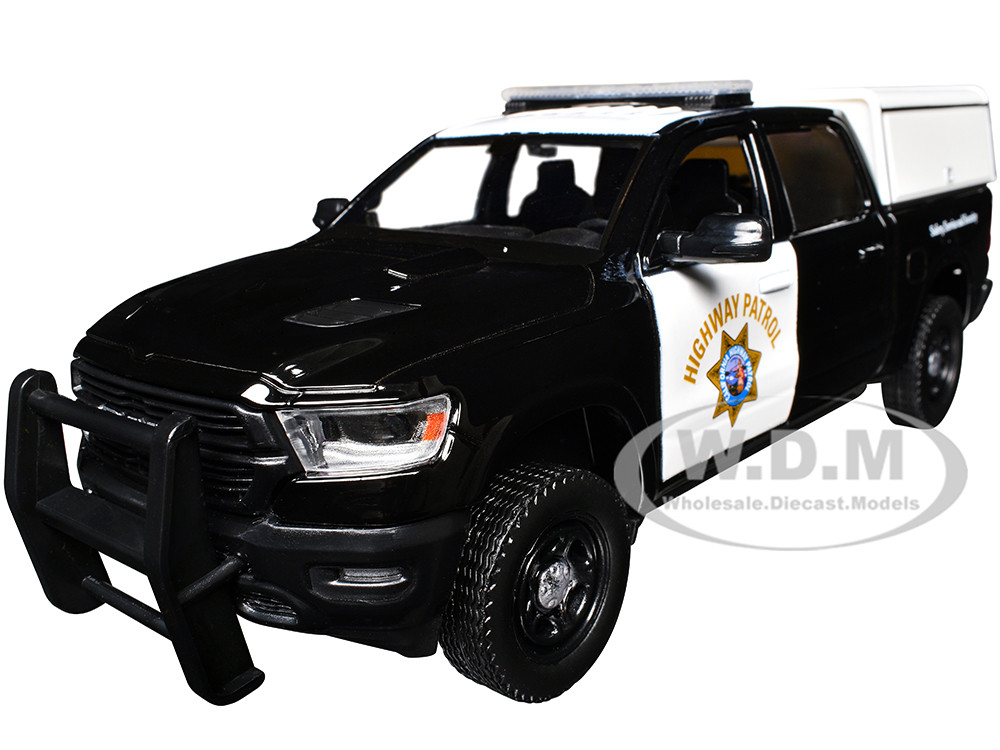 2019 RAM 1500 Laramine Crew Cab Pickup Truck "California Highway Patrol" Black and White with Truck Bed Camper "Law Enforcement and Public Service" Series 1/27 Diecast Model Car by Motormax diecast model